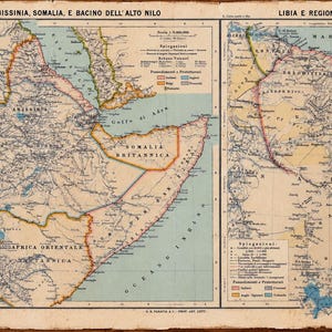 Może przedstawiać: Stara papierowa mapa podzielona na dwie sekcje: lewa strona przedstawia Erytreę, Abisynię i Somalię, a prawa Libię oraz regiony aż do Sudanu. Mapa zawiera stonowane kolory, czarny tekst oraz legendy objaśniające poszczególne oznaczenia.