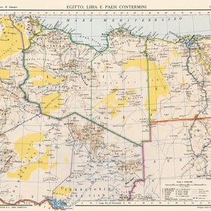 Historische Karte von Ägypten, Libyen und Sudan aus den 1940er Jahren, politische Karte Nordafrikas, antiker Atlas-Druck, historische Karte Ägyptens, Kartografie des kolonialen Afrikas