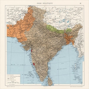 May include: A vintage-style political map titled INDE POLITIQUE, featuring the Indian subcontinent with regions shaded in tan, orange, green, and red. The map includes detailed geographical labels, a legend, and a scale, all printed in black ink on a cream background.