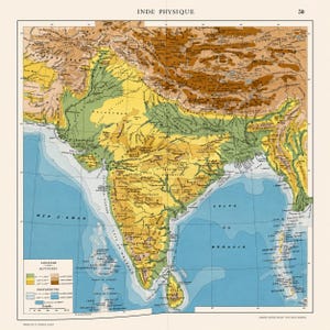 May include: A vintage physical map titled INDE PHYSIQUE, showing the topography of India with brown mountains, yellow plains, and green lowlands. The map features blue oceans, a legend for altitudes and depths, and the number 50 in the top corner.