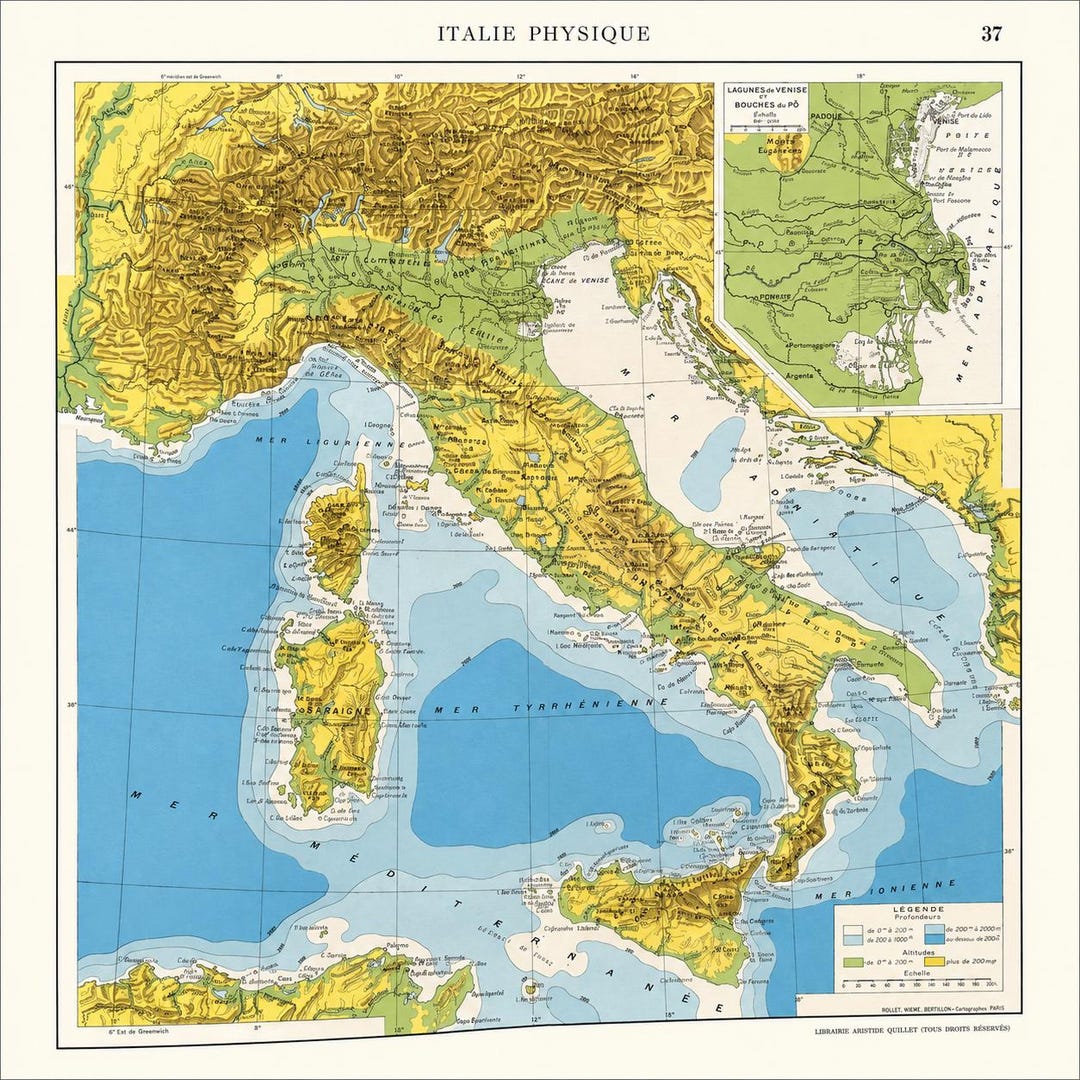 Vintage Italy Physical Map 1952 | Original French Atlas Map