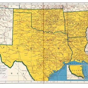 Peut inclure: Une carte de style vintage des États-Unis du centre-sud, représentant le Texas, l'Oklahoma, l'Arkansas et la Louisiane en jaune. La carte affiche les frontières des États, les villes, les routes et les chemins de fer, avec un encart du Texas en bas.