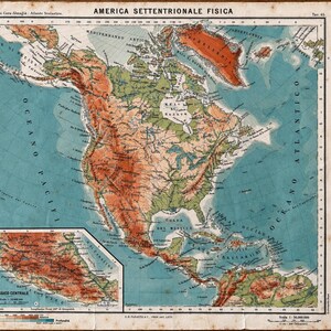 Pode incluir: Um mapa físico vintage da América do Norte intitulado AMERICA SETTENTRIONALE FISICA, apresentando detalhes topográficos em tons de verde, castanho e azul. Inclui um mapa menor do México central e uma escala de 1:20.000.000.