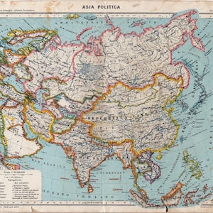 1928 politisk karta över Asien, antik Kina Japan Indien karta, Brittiska Indien, Franska Indokina, original Paravia Atlaskarta