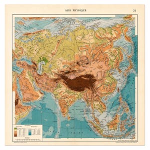 May include: A vintage physical map of Asia titled ASIE PHYSIQUE with the number 31 in the top right corner. The map uses shades of green, yellow, orange, and brown to indicate elevation, while blue represents water depths and oceans.