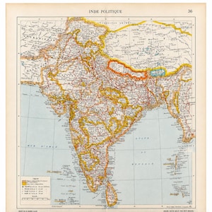 May include: A vintage political map titled INDE POLITIQUE, featuring the Indian subcontinent with yellow and orange regions, red railway lines, and black text labels. The map includes a legend in the bottom left corner and the number 36 at the top right.