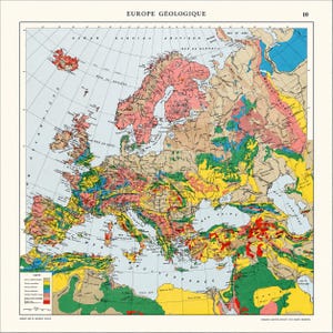 Peut inclure: Une carte géologique vintage de l'Europe intitulée EUROPE GÉOLOGIQUE avec le numéro 10 dans le coin supérieur droit. La carte présente une grille colorée de diverses formations géologiques à travers le continent, avec une légende en bas à gauche.