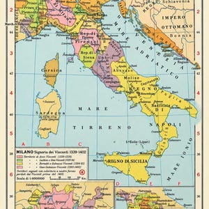 May include: A historical map titled LE SIGNORIE E L'ITALIA VERSO IL 1500, featuring Italy divided into colored regions with labels, grid lines, and two inset maps detailing the territories of Milano and Firenze with legends.