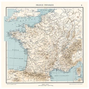 May include: A vintage physical map titled FRANCE PHYSIQUE, featuring detailed topography of France with beige landmasses, blue water bodies, and black text labels. The map includes a grid, a scale bar, and an inset of Corsica in the bottom right corner.