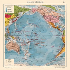 Puede incluir: Un mapa de estilo antiguo titulado OCÉANIE GÉNÉRALE que muestra el océano Pacífico con sombreado batimétrico en tonos azules. El mapa presenta los continentes, islas y rutas marítimas circundantes con una leyenda de profundidad.