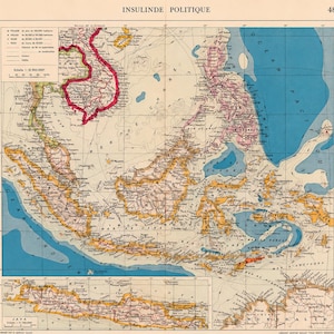 May include: A vintage-style political map titled INSULINDE POLITIQUE, page 48, depicting Southeast Asia and the Indonesian archipelago. The map features landmasses in shades of orange and tan, blue oceans, and a detailed inset map of Java.