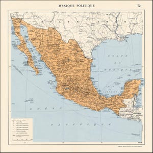 Op de afbeelding: Een vintage politieke kaart getiteld MEXIQUE POLITIQUE met Mexico in een lichtoranje kleur tegen een lichtblauwe oceaanachtergrond. De kaart toont grenzen, steden en geografische labels in zwarte tekst, inclusief een legenda in de hoek.