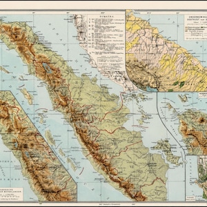 Antik karta över Sumatra från 1924, vintagekarta över Indonesien, atlas över Nederländska Ostindien, Padang Medan Aceh, original kolonial kartografi