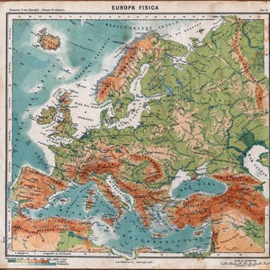 May include: A vintage physical map of Europe titled EUROPA FISICA, featuring detailed topography with green lowlands, brown mountain ranges, and blue water bodies. The map includes a scale, coordinate grid, and aged paper edges with visible wear.