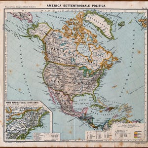 Puede incluir: Un mapa político vintage de América del Norte titulado AMERICA SETTENTRIONALE POLITICA, con océanos azul claro, masas terrestres color canela y fronteras detalladas. Incluye un mapa insertado del noreste de los Estados Unidos y una leyenda.