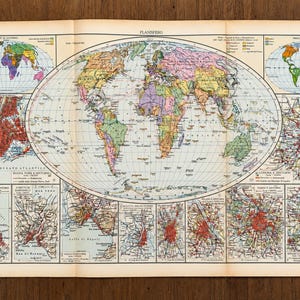 Vintage politieke wereldkaartatlas – Grote uitklapbare plattegrond met stadsplattegronden | Italië, Londen, Parijs, Berlijn, New York | Geografie uit het midden van de 20e eeuw