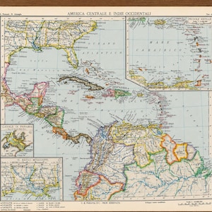 Può includere: Una mappa stampata in stile vintage intitolata America Centrale e Indie Occidentali, che raffigura l'America Centrale, i Caraibi e il nord del Sud America. Include riquadri dettagliati delle Piccole Antille, del Canale di Panama e del basso Mississippi.