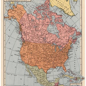 May include: A vintage-style map of North America featuring Canada in pink, the United States in orange, and Mexico in light green. The map includes labels for major cities, states, provinces, and bodies of water, with an inset of the Aleutian Islands.