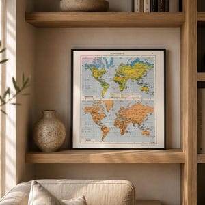 May include: A framed wall art print featuring two stacked world maps. The top map displays continents in yellow and green, while the bottom map shows them in orange. The text "PLANISPHERE" is printed at the top, with "HEMISPHERES" and "MONDE" labels.