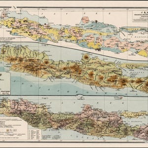 May include: A vintage-style printed map of Java, Indonesia, divided into three horizontal sections labeled A, B, and C. The map displays geological, hydrographical, and administrative details in muted tones of yellow, green, pink, and blue.
