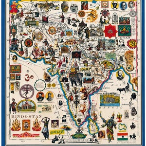 Könnte beinhalten: Eine detaillierte Karte von Hindostan im Vintage-Stil mit einer dichten Collage aus historischen Figuren, kulturellen Wahrzeichen, religiösen Symbolen und Tierillustrationen auf einem geografischen Umriss mit blauem Rand.