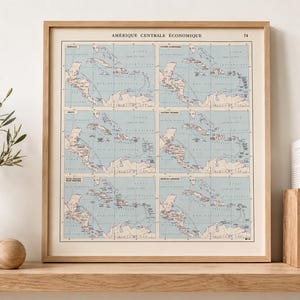 May include: A framed vintage map titled AMERIQUE CENTRALE ECONOMIQUE 74, featuring six distinct panels of Central America and the Caribbean in shades of light blue and beige, displayed in a light wood frame with a white mat board border.