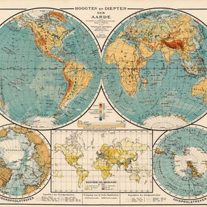 Världsreliefkarta från 1924 | Antik fysisk världskarta | Bos-Niermeyer-atlas | Polarutforskningskarta | Karta över havsdjup Vintage kartografitryck
