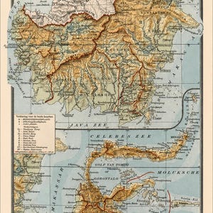 Antike Karte von Borneo, Sulawesi und Celebes aus dem Jahr 1924 | Karte von Niederländisch-Ostindien | Historischer Atlas von Indonesien | Originalkarte, 102 Jahre alt