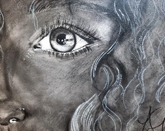 Originele tekening op canvas, uniek stuk - houtskool - gezicht - Smée - MAANSTOF