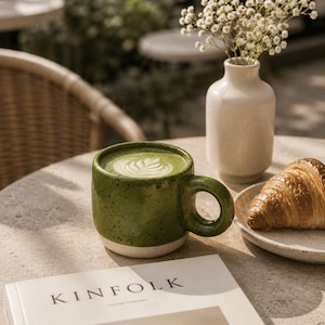 May include: A green ceramic mug filled with matcha latte, with a white floral design on top, sits on a table next to a croissant and a vase of white flowers. The word "KINFOLK" is visible on a book.