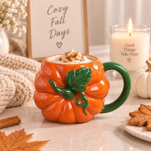 Pumpamugg, orange keramikkaffekopp, höstdryck, höstköksdekor, tacksägelsepresent