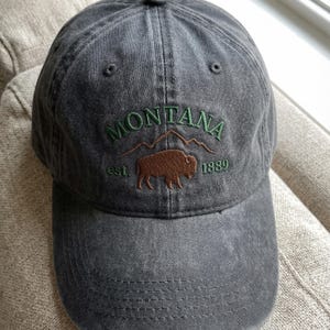 May include: Gray baseball cap with the word "MONTANA" embroidered in green, along with a brown bison and the year "1889". The cap is made of a soft, worn material.