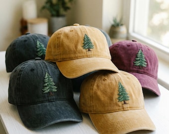 Embroidered Evergreen Pine Tree Baseball Cap: Washed Cotton, Unisex, Adjustable Buckle Back