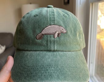 Embroidered Manatee Cap – Garment Washed Cotton Sea Cow Marine Wildlife Hat