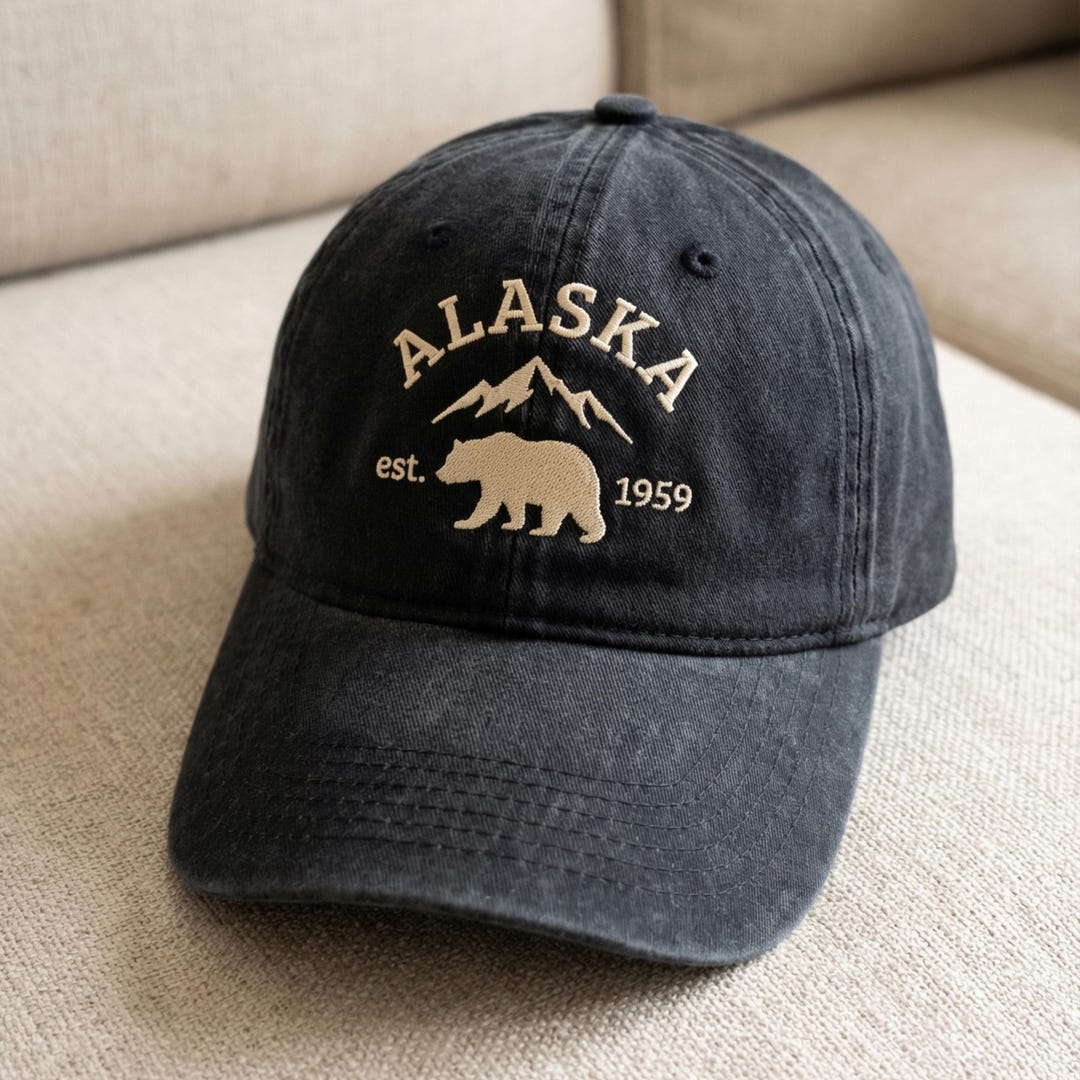 Washed Cotton Alaska Bear Embroidered Baseball Cap – Unisex Adjustable ...