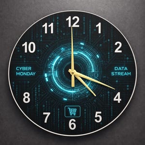 May include: Round wall clock with a black face featuring a circuit board design and gold hands. The clock face has white numerals and the words "CYBER MONDAY" and "DATA STREAM". A shopping cart icon is at the 6 o'clock position.