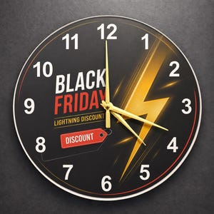 May include: Black Friday clock with gold hands and a yellow lightning bolt design. The clock face is black with white numerals and the words "BLACK FRIDAY LIGHTNING DISCOUNT". A red tag reads "DISCOUNT".