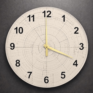 May include: A round wall clock with a cream-colored face and black numerals. The clock hands are yellow. The face has a wood grain design. The time displayed is approximately 3:18.