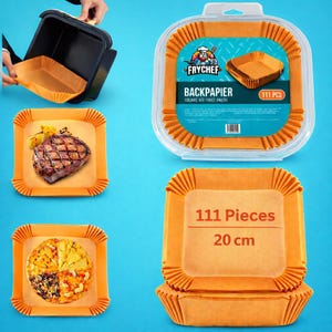 May include: Orange square air fryer liners, 20 cm, with a fluted edge, are shown in a clear plastic container and in use. The packaging reads "FRYCHEF BACKPAPIER SQUARE AIR FRYER INNERS 111 PCS". A steak and pizza are shown on the liners.