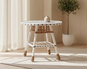 Couchtisch aus Rattan – Runder Beistelltisch aus Korbgeflecht – Handgefertigter Boho-Beistelltisch – Beistelltisch aus Naturrattan – Geflochtene Wohnzimmermöbel