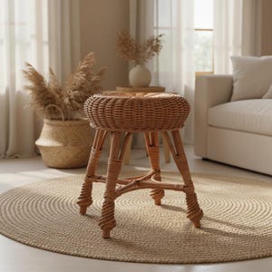 May include: A round, woven rattan stool with a natural finish. The stool has a circular seat and four legs, with woven detailing around the legs. It sits on a round, woven jute rug.