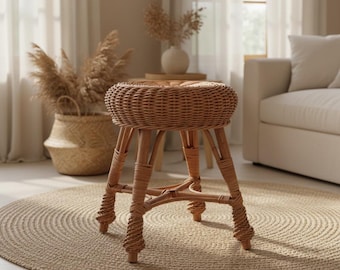 Wicker Stool – Handmade Willow Footstool – Rustic Rattan Accent Stool – Boho Farmhouse Seating – Natural Wicker Furniture