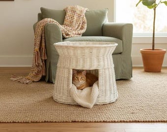 Casa de mimbre para gatos – Cama de ratán hecha a mano para gatos – Cueva acogedora para mascotas – Muebles de sauce natural para gatos – Cesta escondite para gatos – Cama bohemia para mascotas