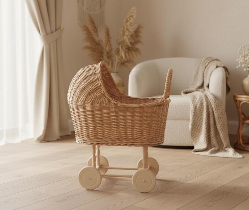 Wicker Doll Pram – Handmade Rattan Doll Stroller – Vintage Baby Doll ...