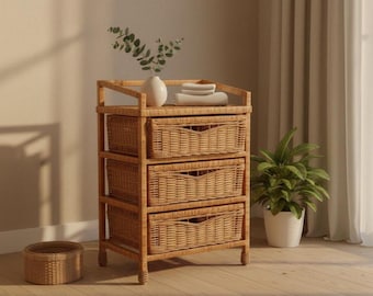 Cómoda – Tocador de mimbre – Armario de almacenamiento de ratán – Organizador de dormitorio estilo bohemio – Muebles de sauce hechos a mano – Almacenamiento para el baño