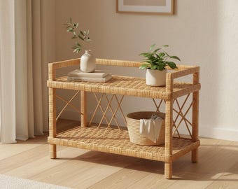 Zapatero de mimbre – Estante de almacenamiento de ratán – Organizador de zapatos de 2 niveles – Muebles de entrada estilo bohemio – Estante consola tejido – Soporte de mimbre natural