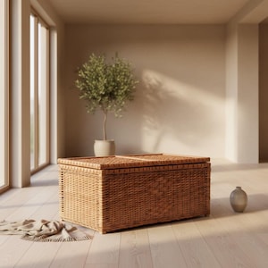 May include: A rectangular storage chest crafted from light brown woven wicker, featuring a flat hinged lid and a structured frame. The chest has a consistent basket-weave pattern across its front and side panels, providing a natural texture.