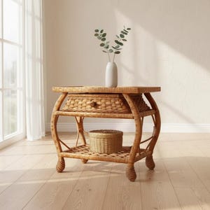 May include: A light brown woven rattan side table featuring a single drawer with a small round knob, a lower shelf, and curved legs. A white ceramic vase containing green eucalyptus stems sits on top, and a small round woven basket sits below.