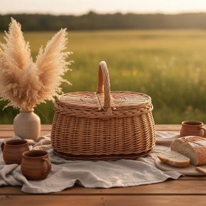 May include: A woven wicker picnic basket with a handle, set on a wooden table with a linen cloth. The scene includes ceramic mugs, a vase with dried flowers, and a loaf of sliced bread, suggesting a relaxing outdoor meal.