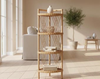 Estantería esquinera de ratán – Librería esquinera de mimbre – Soporte esquinero para plantas hecho a mano – Estantería de almacenamiento estilo bohemio – Estantería de baño natural – Librería tejida